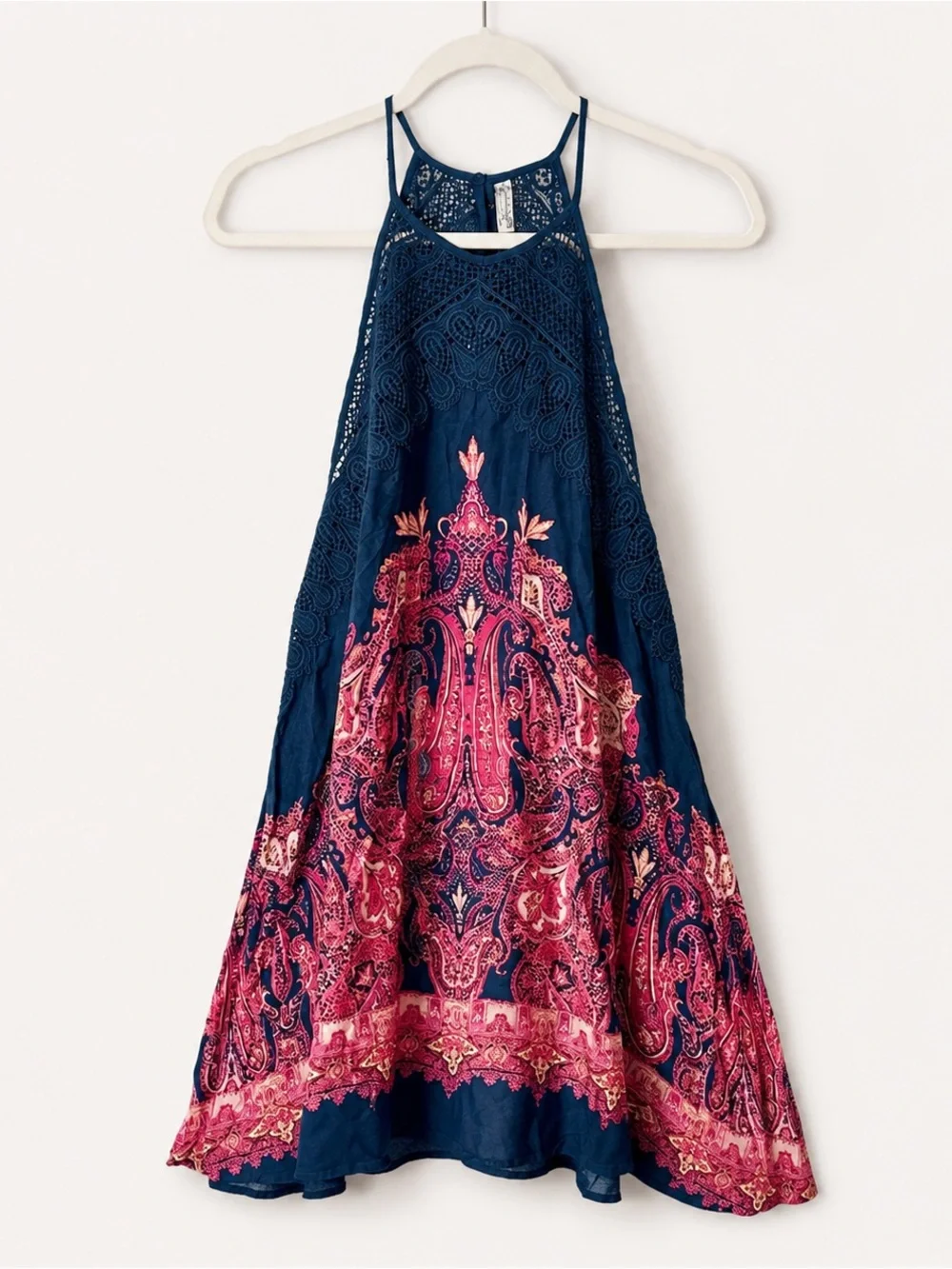 Free People Shea Halter Mini Dress Paisley Crochet Lace Navy Red‎ S Petite Boho - Picture 2 of 9